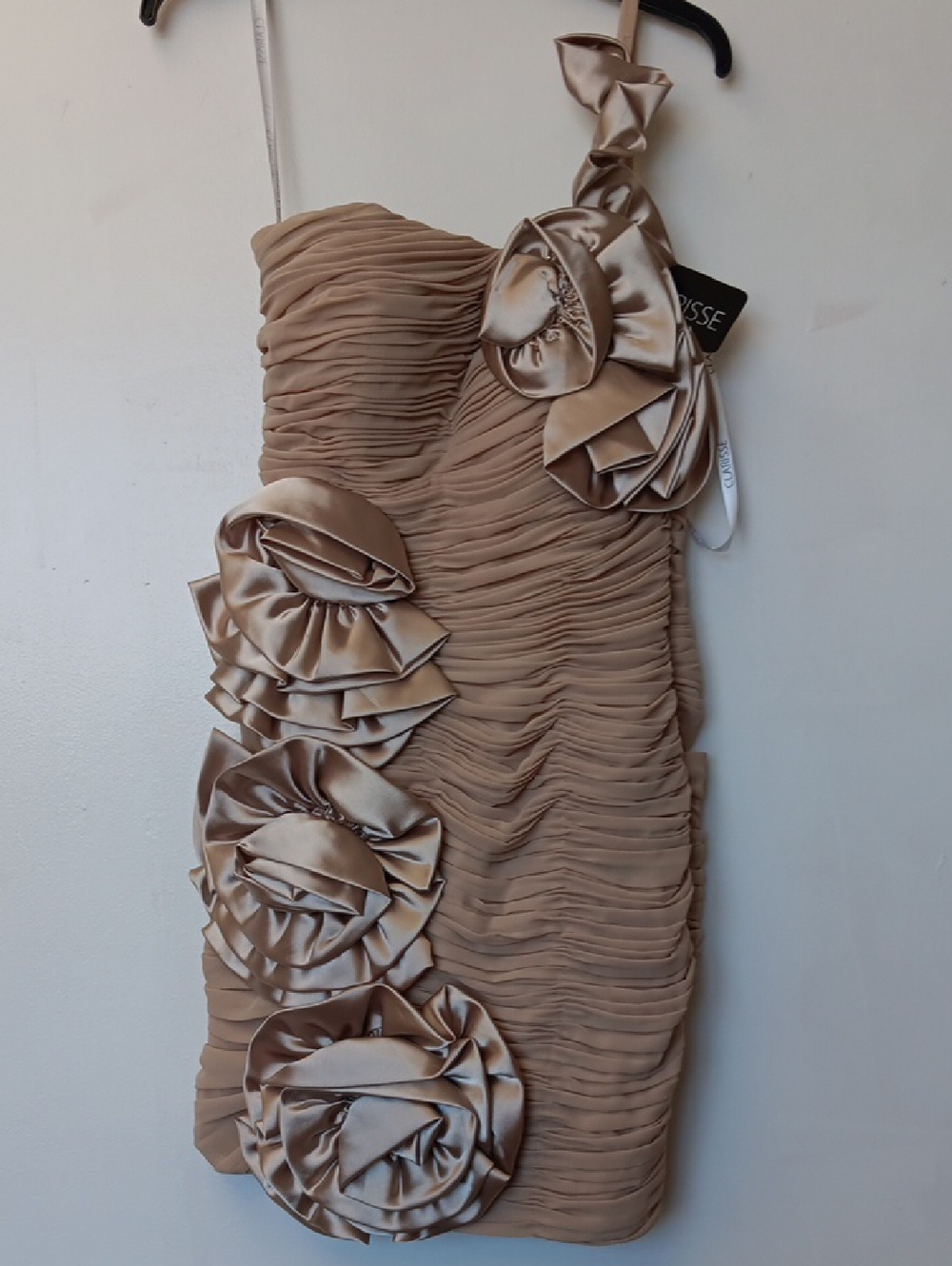 Vintage Clarisse One-Shoulder Champagne Floral Appliqué Dress